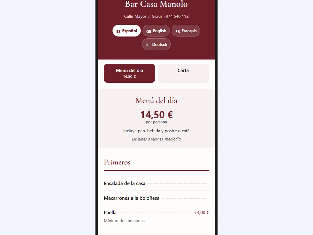 Carta digital de InnovaTap abierta en un móvil, con el menú del día y sus idiomas