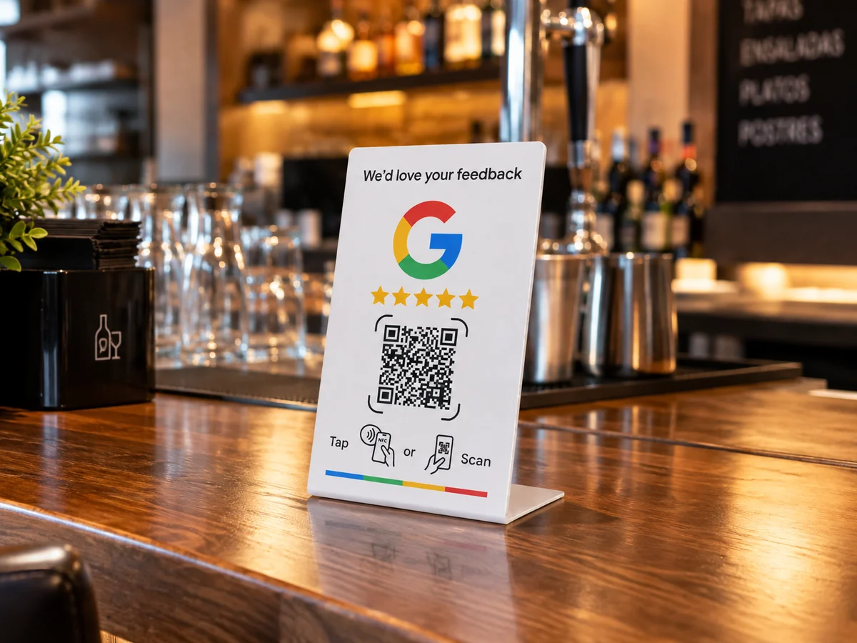 Expositor NFC de reseñas de Google de InnovaTap colocado en la barra de un bar