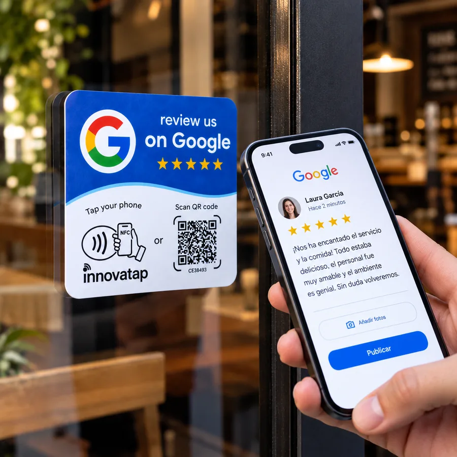 Placa NFC de reseñas de Google de InnovaTap en el escaparate de un restaurante y un móvil con una reseña de 5 estrellas a punto de publicarse