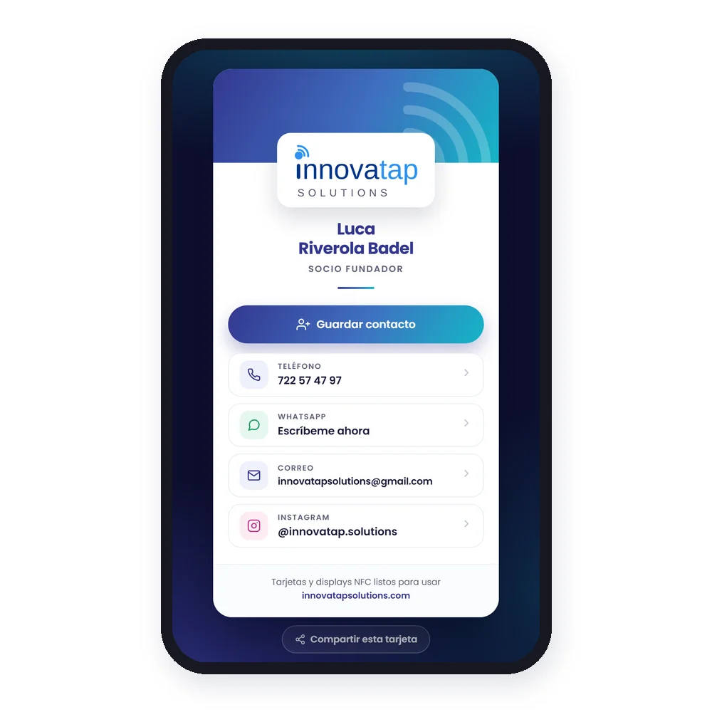 Lo que se abre en el móvil al acercarlo a la tarjeta de contacto de InnovaTap